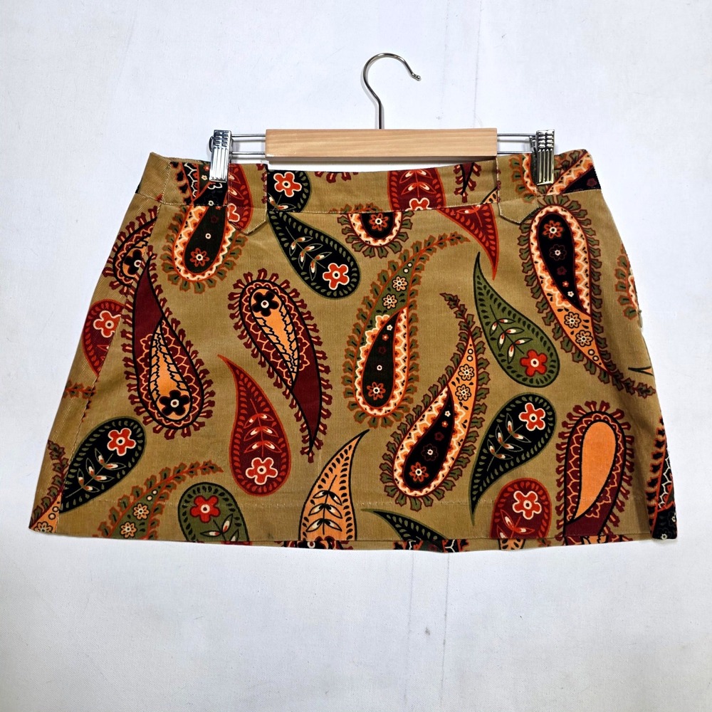 Zara Mini Skirt Womens L Tan Corduroy Paisley Print Side Zip Retro Boho 8552